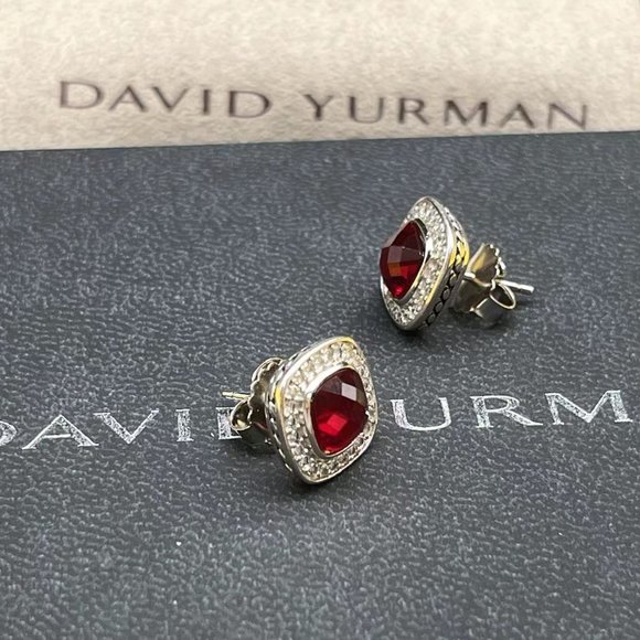 David Yurman Sterling Silver Garnet Stud Earrings with Pave Diamonds - Picture 2 of 12
